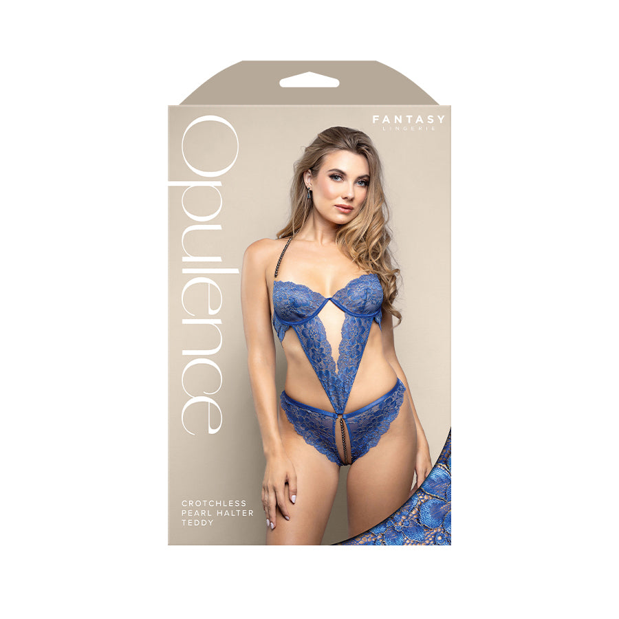 OPULENCE Crotchless Pearl Halter Teddy SM - Royal - S/M Size