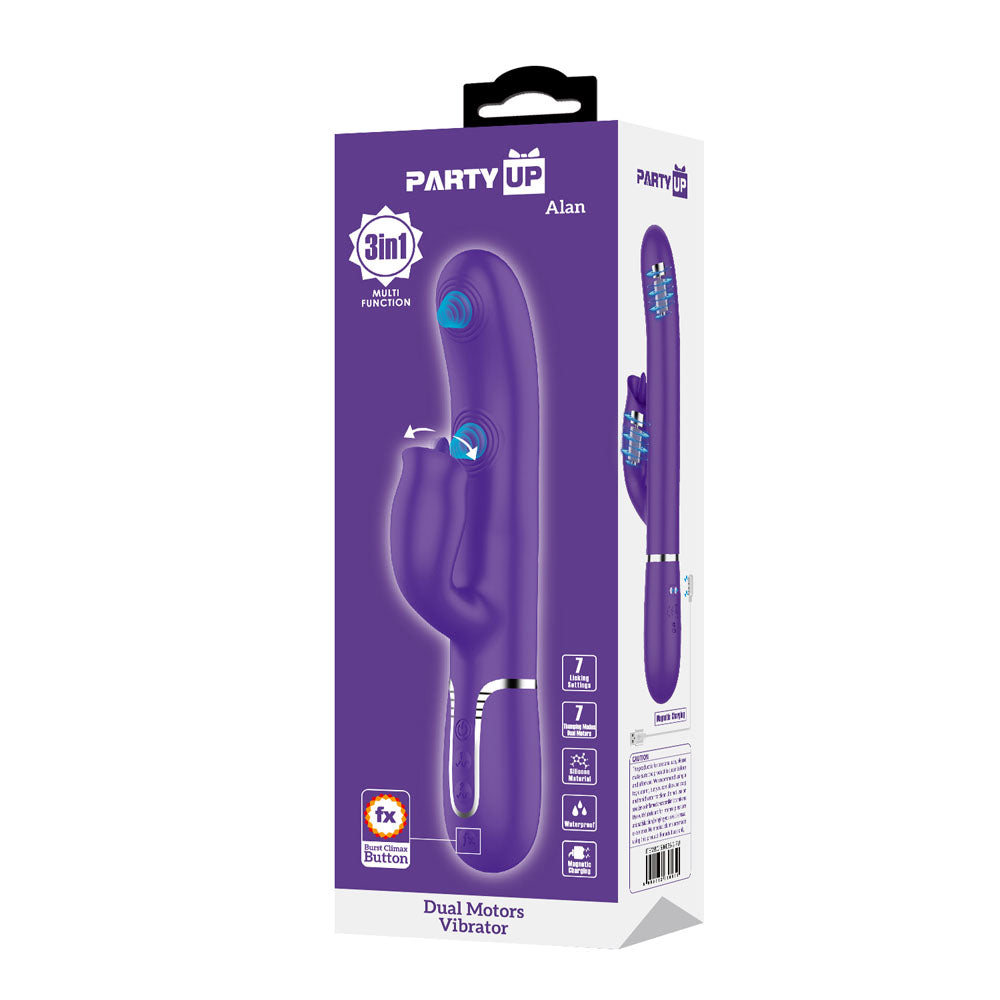 Party Up ALAN Dual Motor Vibrator - 22.8 cm USB Rechargeable Vibrator with Licking Clit Stimulator and Thumping Shaft