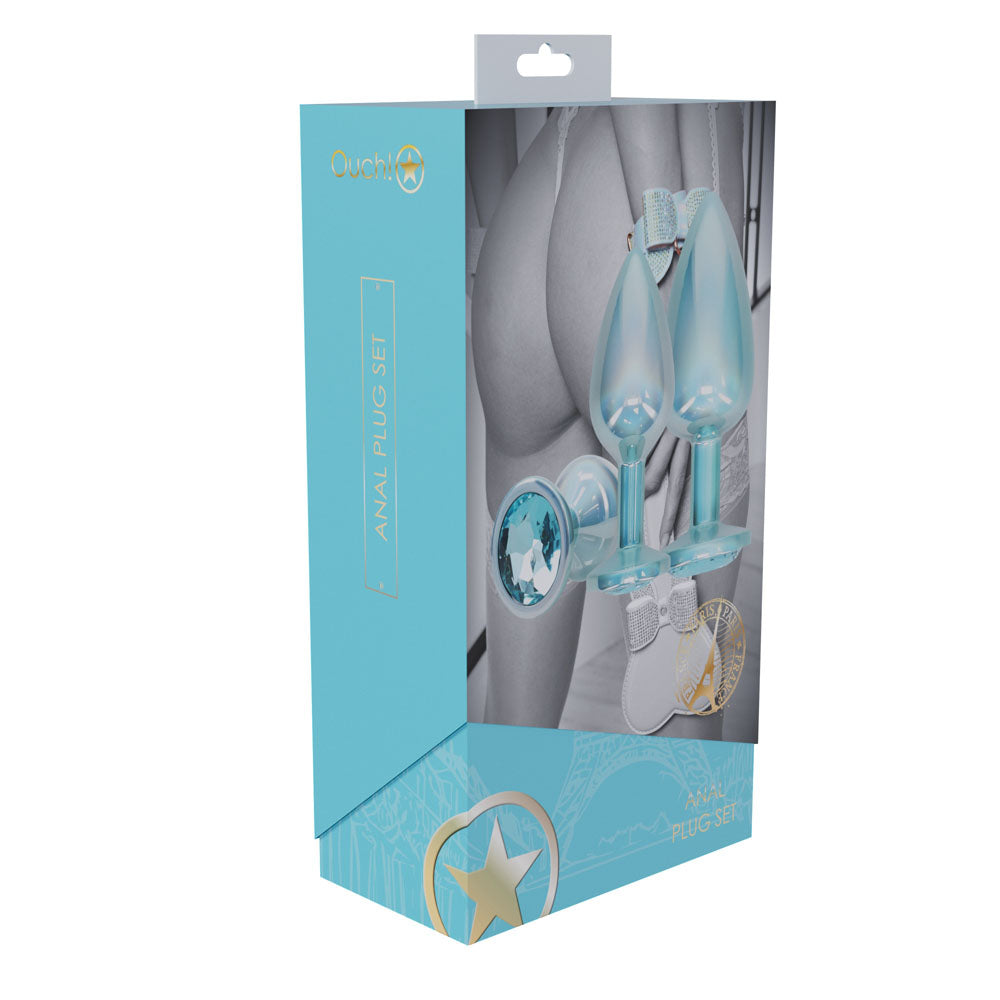 OUCH! Paris Collection - Metal Anal Plug Set - Metallic Butt Plugs with Gem Bases - Set of 3 Sizes – Blue