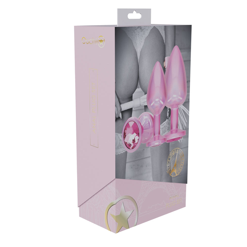 OUCH! Paris Collection - Metal Anal Plug Set - Metallic Butt Plugs with Gem Bases - Set of 3 Sizes – Pink