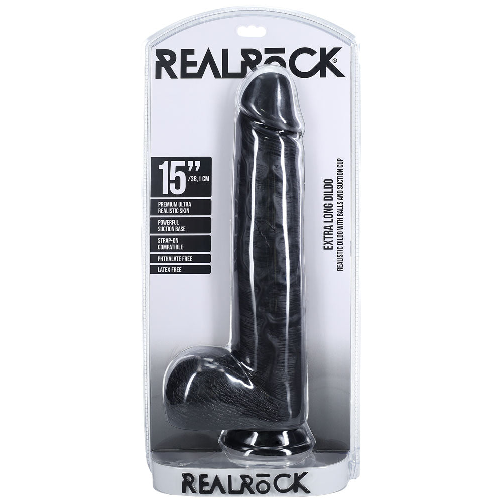 REALROCK 38cm Extra Long Dildo with Balls - 38 cm (15'') Extra Long Dong – Black
