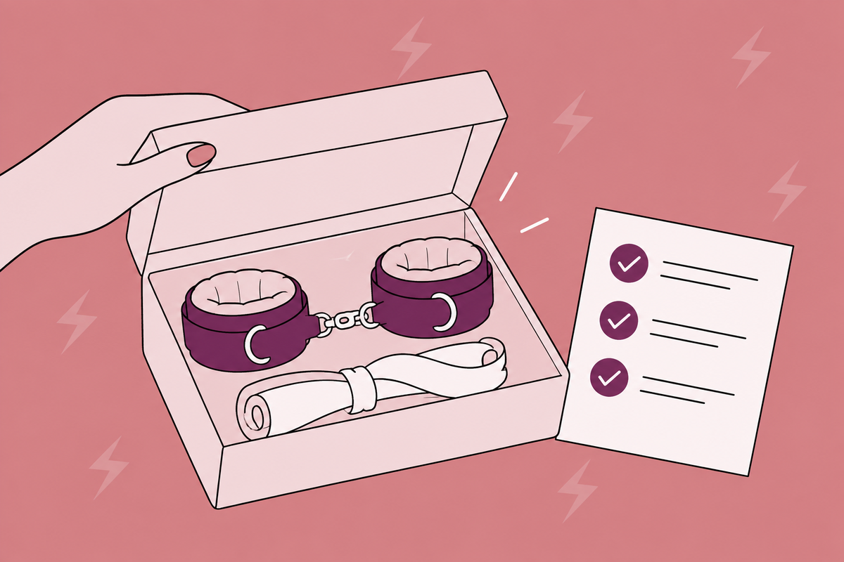 Illustration of padded cuffs in an open box beside a checklist.