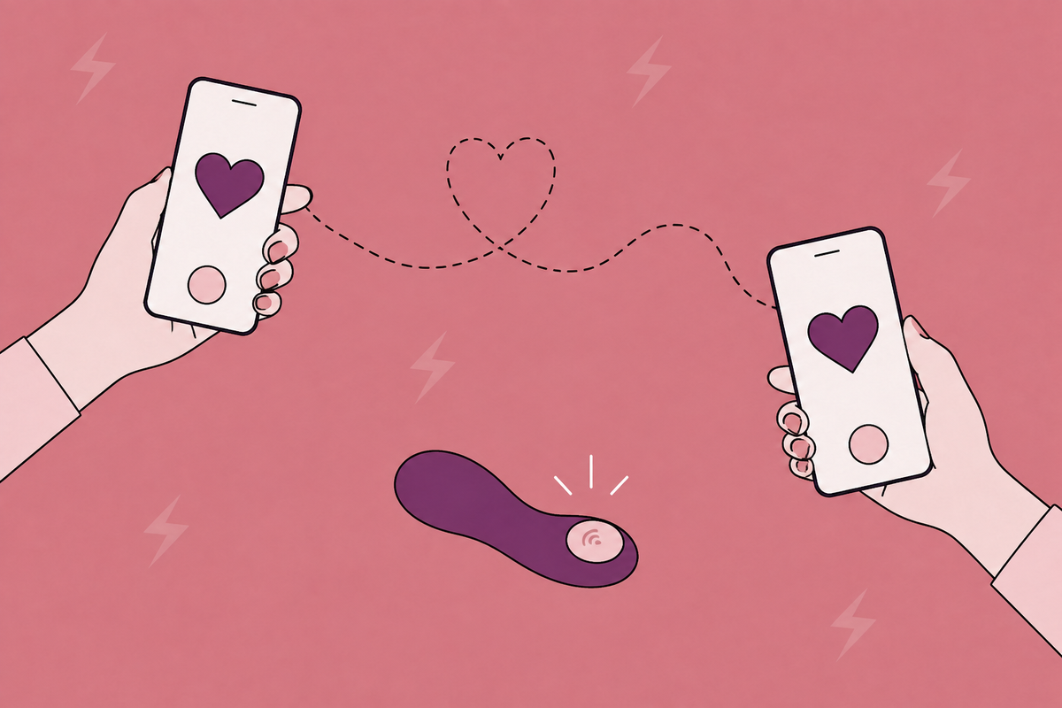 Illustration of two smartphones linked by a dotted heart above a vibrator.