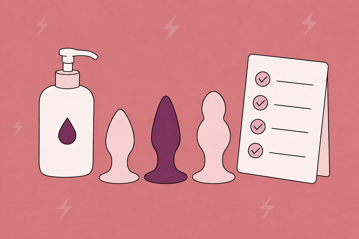 Illustration of three anal toys with flared bases, lubricant and a checklist.