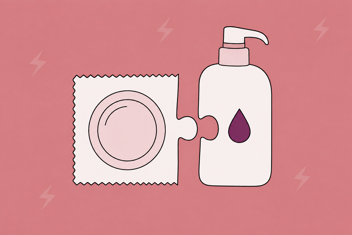 Illustration of a condom packet and lubricant bottle joined like puzzle pieces.