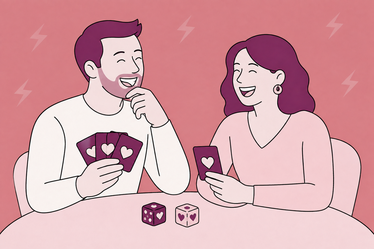 Illustration of a couple playing a card-and-dice game at a table.