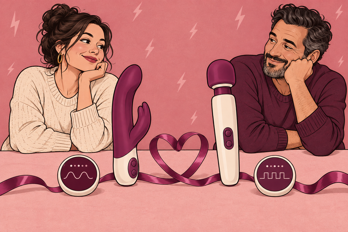 Illustration of a couple comparing toys and different rhythm symbols.