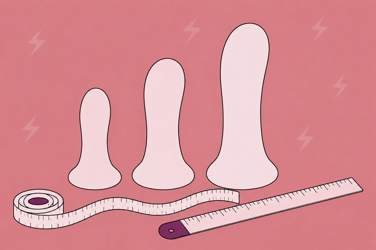 Illustration of three dildo sizes beside a ruler and measuring tape.