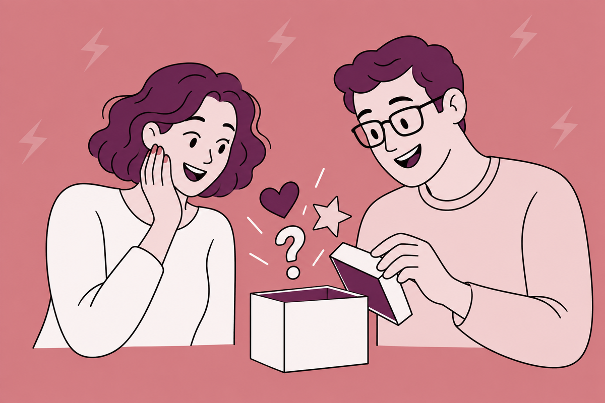 Illustration of a couple discussing an open gift box with hearts and question marks.