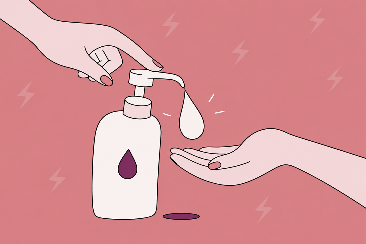 Illustration of a hand dispensing lubricant towards an open palm.