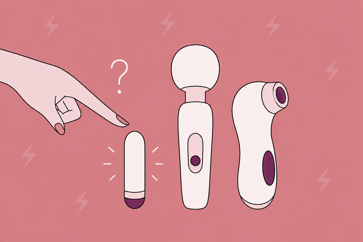 Illustration comparing a bullet, wand and air-pulse toy beside a question mark.