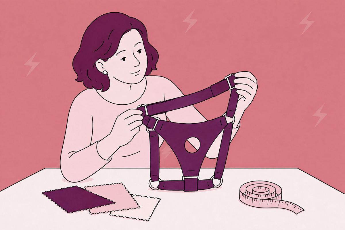 Illustration of a person examining a strap-on harness beside a measuring tape.