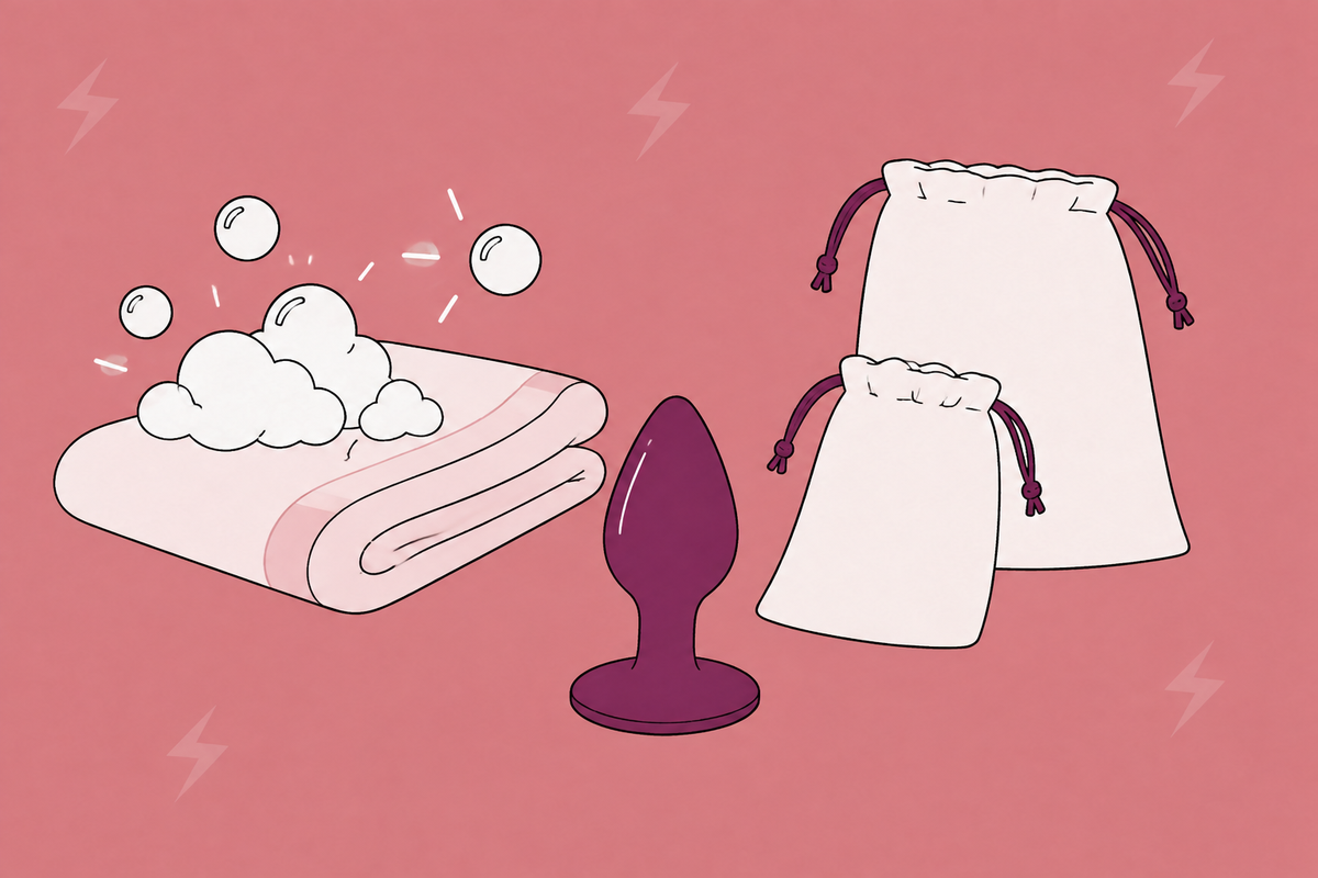 Illustration of an anal toy beside soap bubbles, a towel and storage bags.