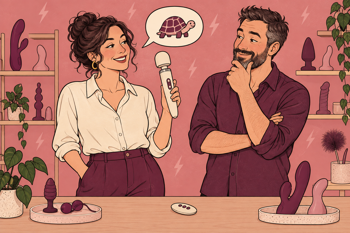 Illustration of two people discussing a wand vibrator with a turtle speech bubble.