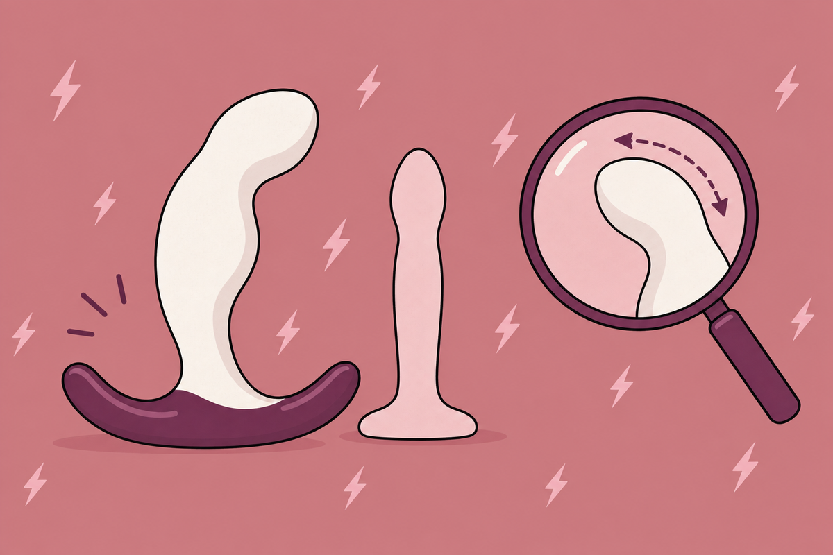 Illustration comparing curved and straight anal-toy shapes under a magnifying glass.
