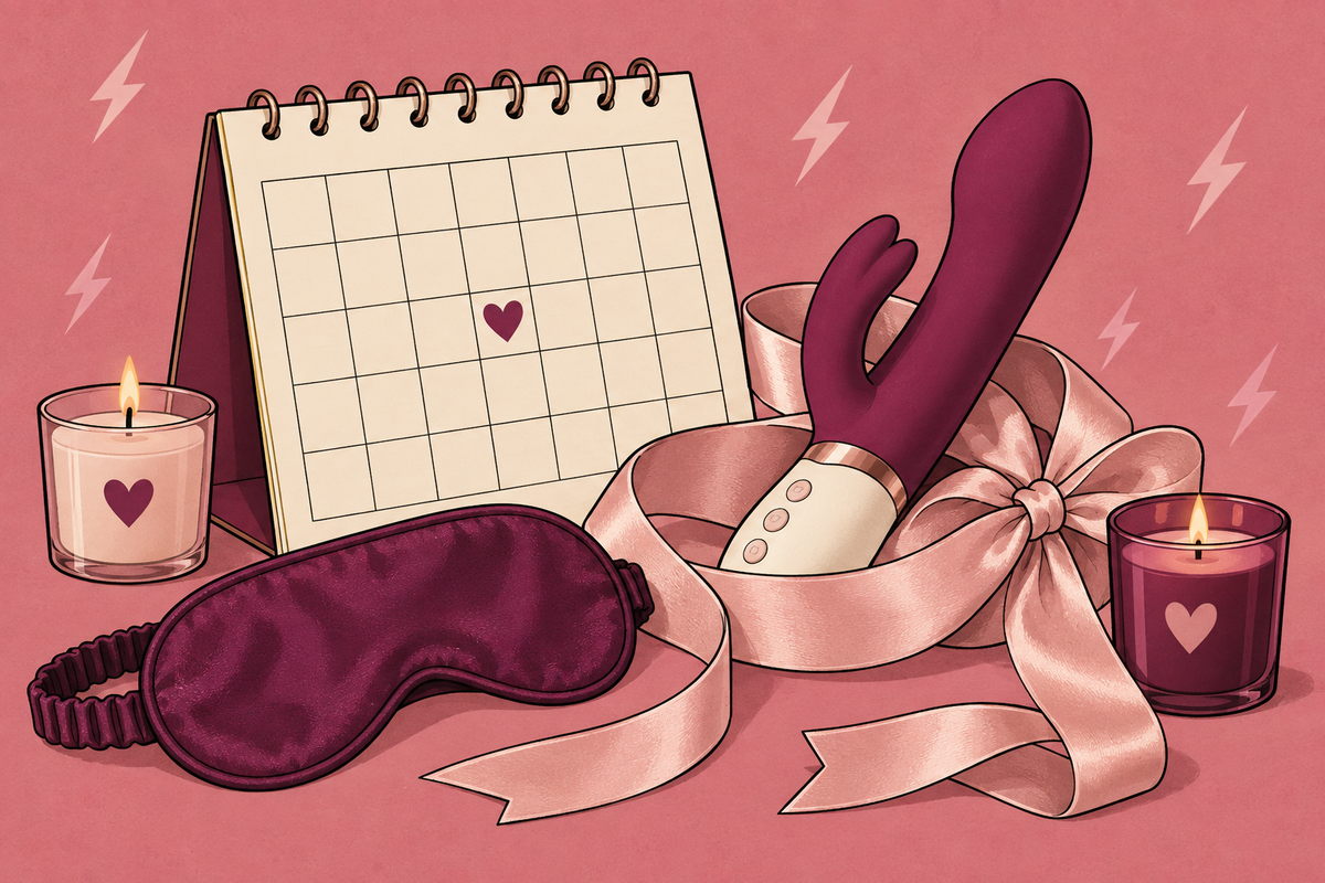 Illustration of a calendar, vibrators and blindfold beside a candle.