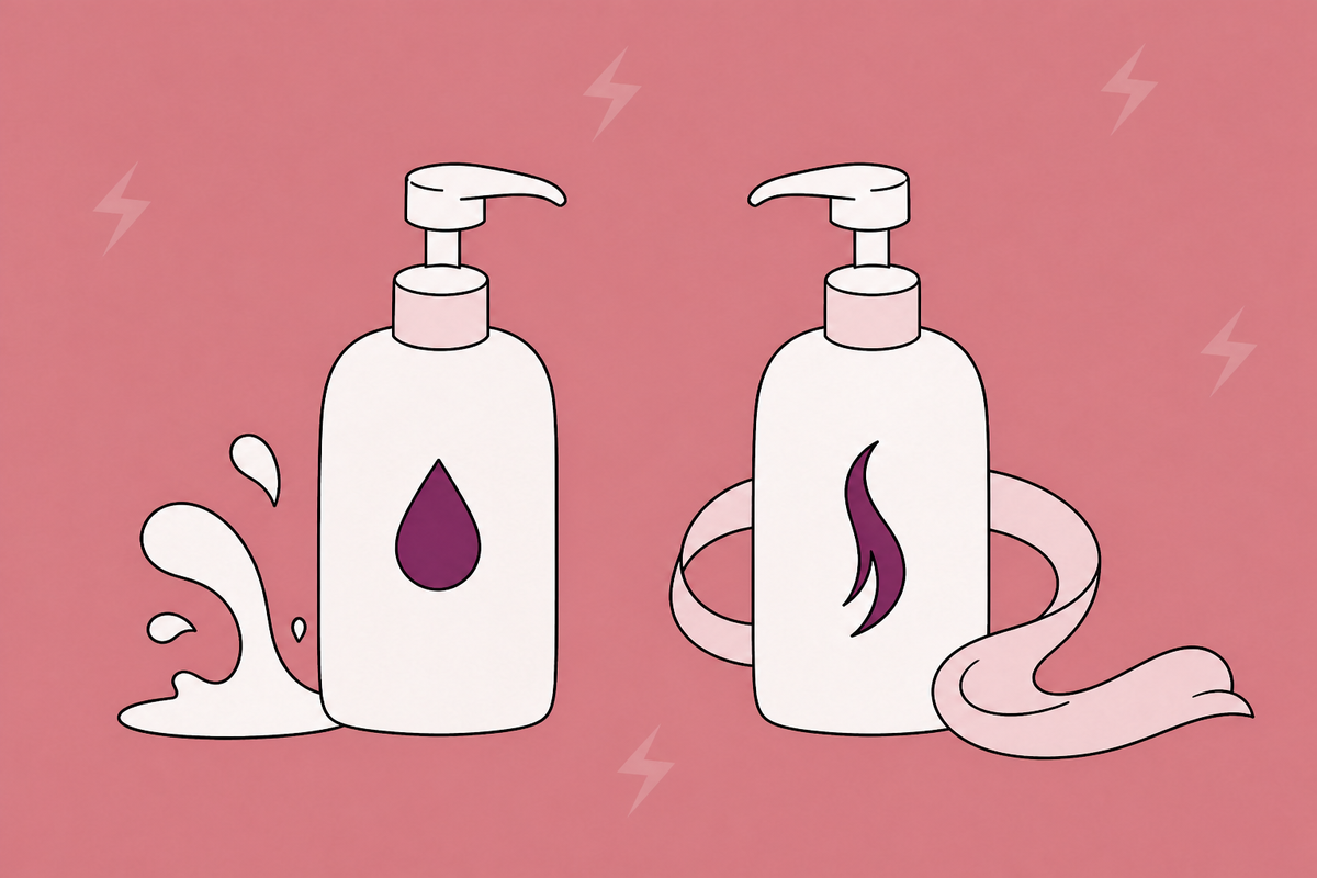 Illustration of two lubricant bottles with water and flowing-liquid symbols.