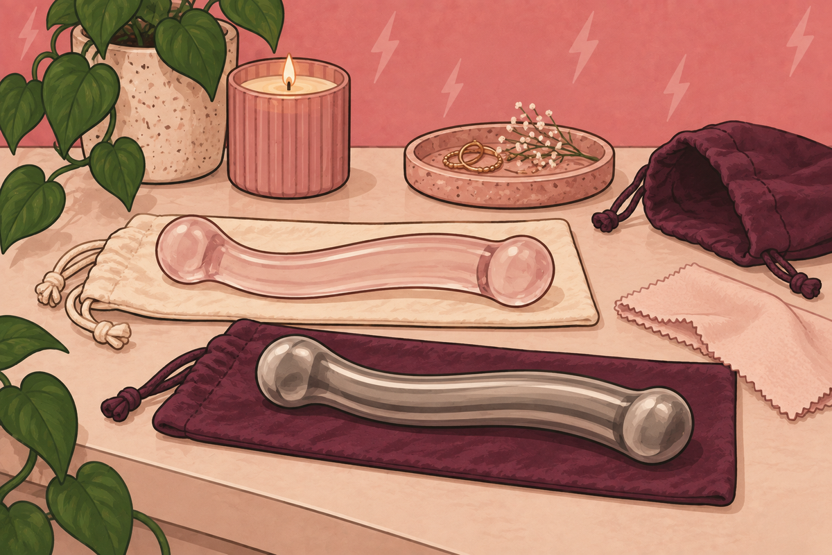Illustration comparing transparent glass and metallic sex toys on cloths.