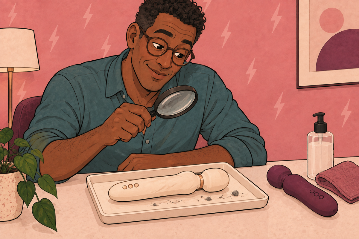 Illustration of a person inspecting a toy surface beside a towel and cleaner.