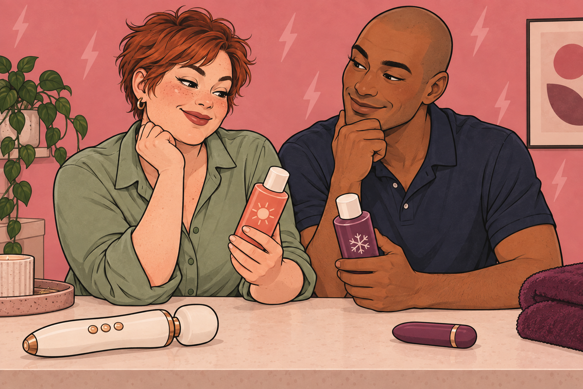 Illustration of two people comparing lubricant bottles at a table.