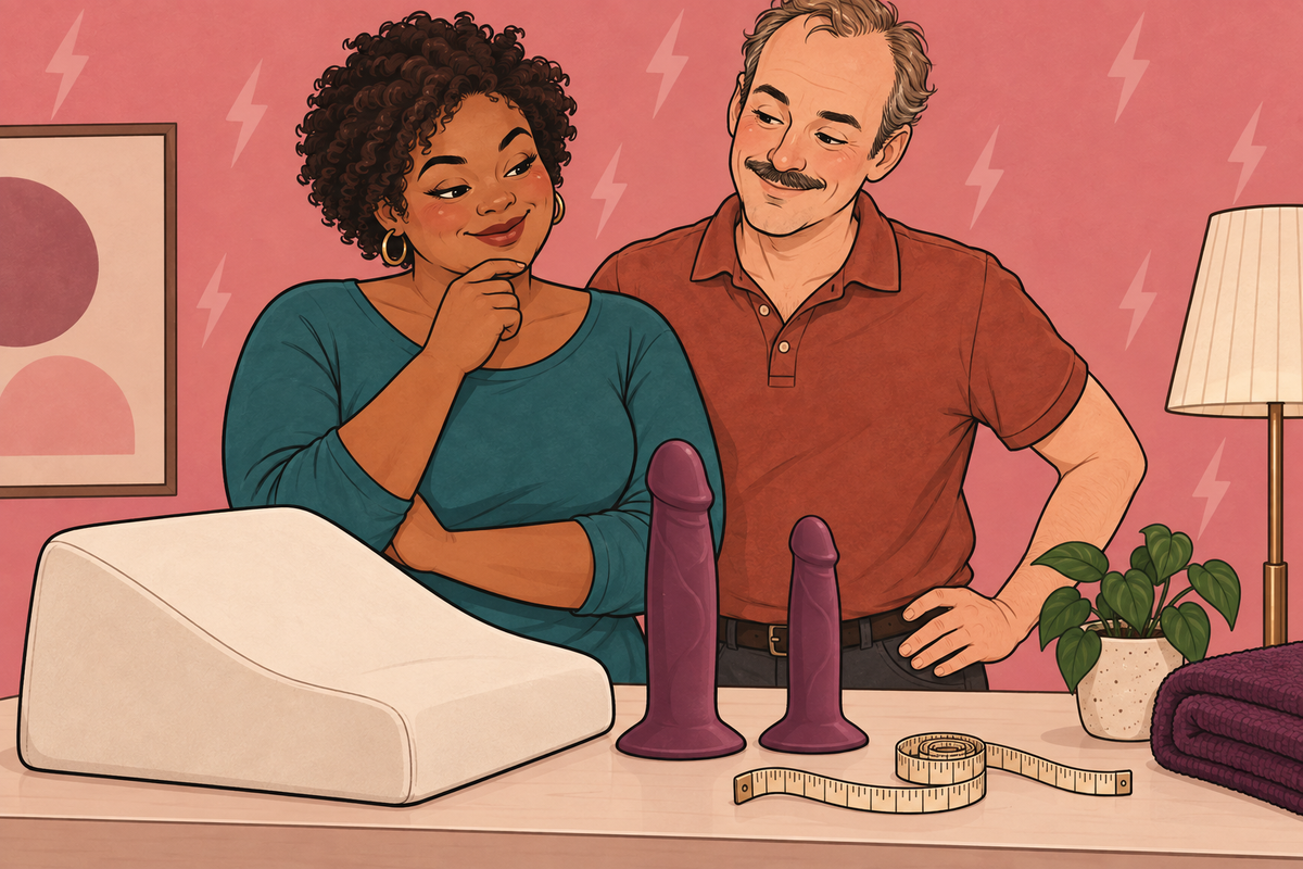 Illustration of a couple comparing toy sizes beside a wedge cushion and measuring tape.