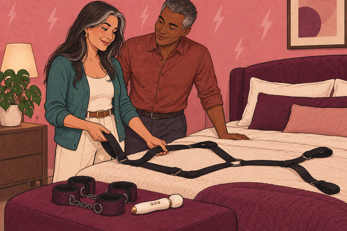 Illustration of a couple inspecting under-bed straps and separate padded cuffs.