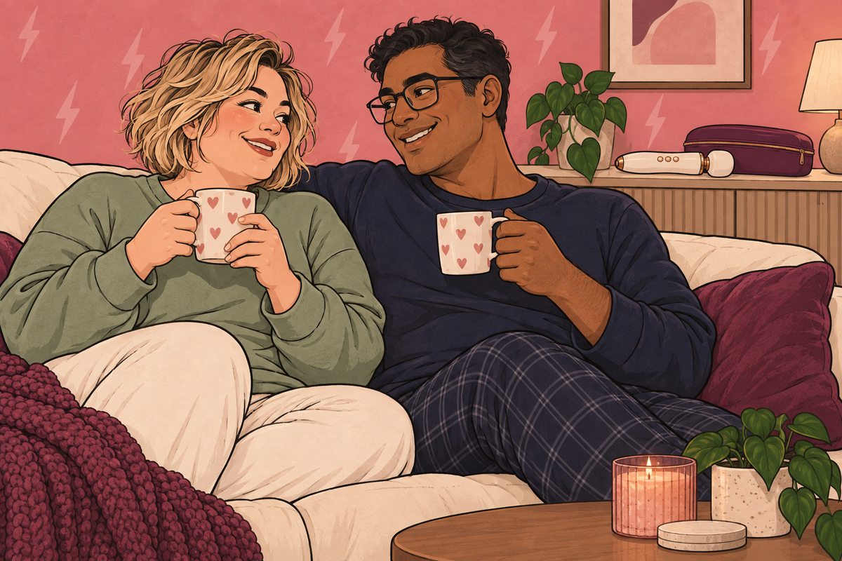 Illustration of a couple relaxing with mugs beside a baby monitor.
