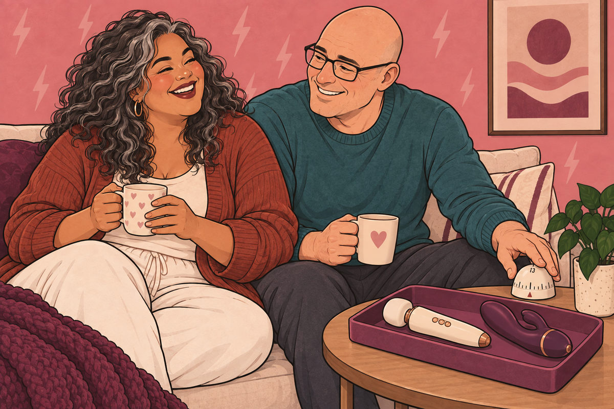 Illustration of two people talking on a sofa with mugs and a toy case nearby.