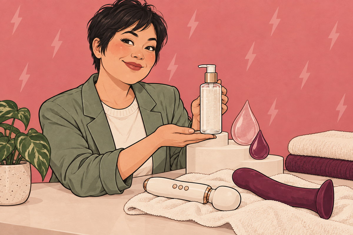 Illustration of a person presenting a lubricant bottle beside droplet symbols and toys.