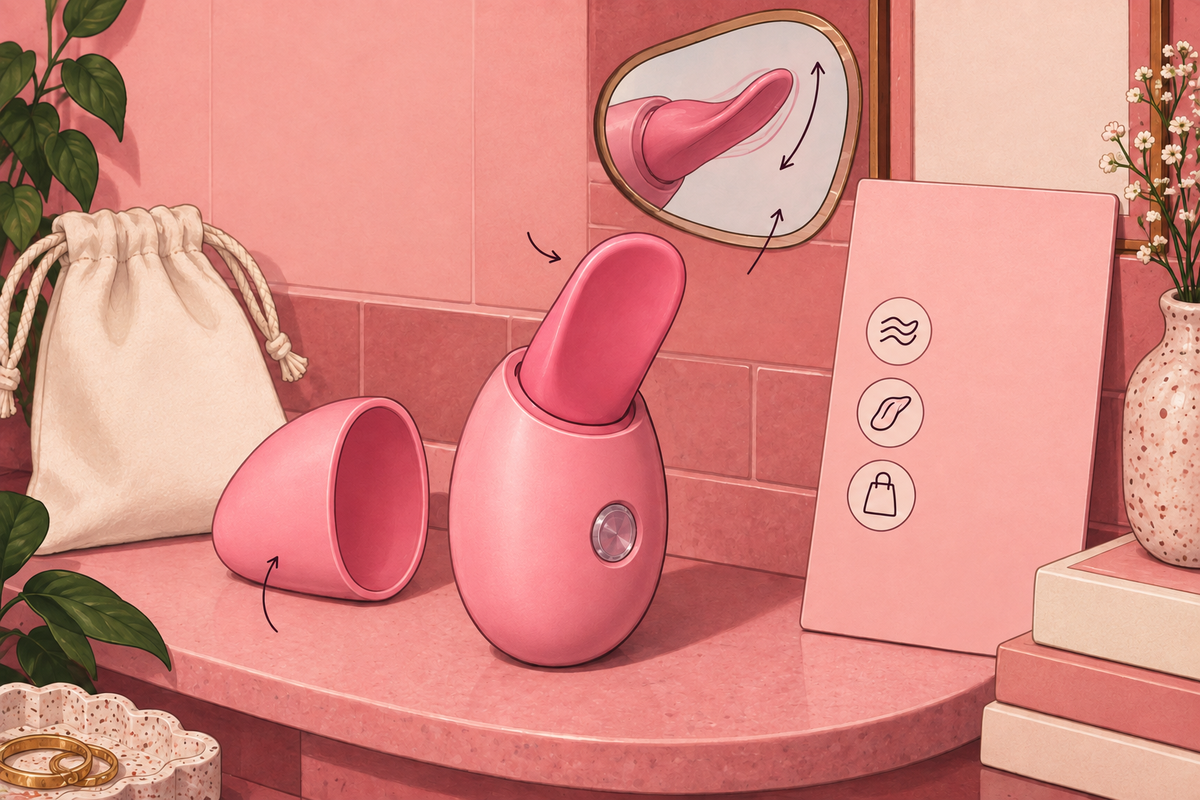 Illustration of a tongue-style vibrator with a close-up of its contact surface.