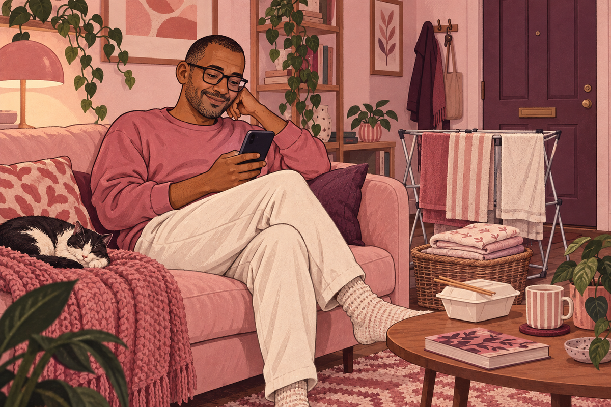 Illustration of a man using his phone in an armchair with a blanket over his lap.