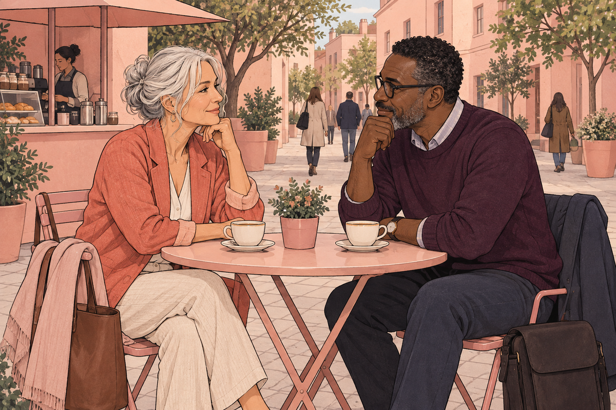 Illustration of a couple enjoying coffee together at a cafe.