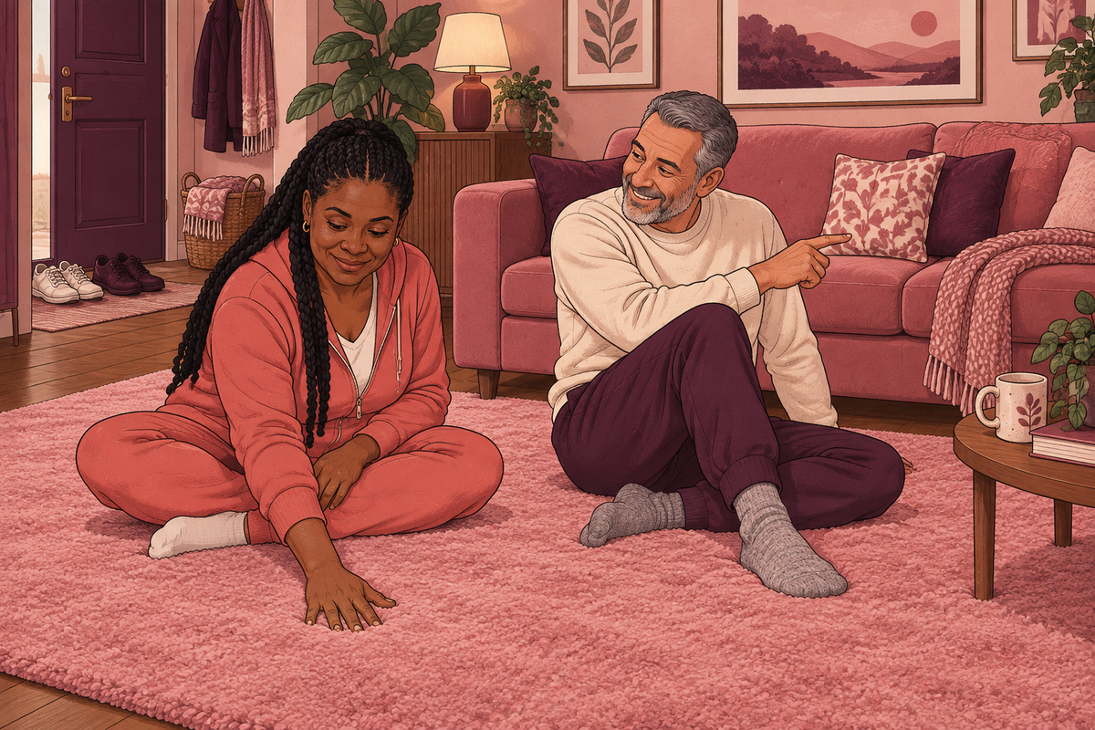 Illustration of a couple sitting comfortably on a bedroom rug.