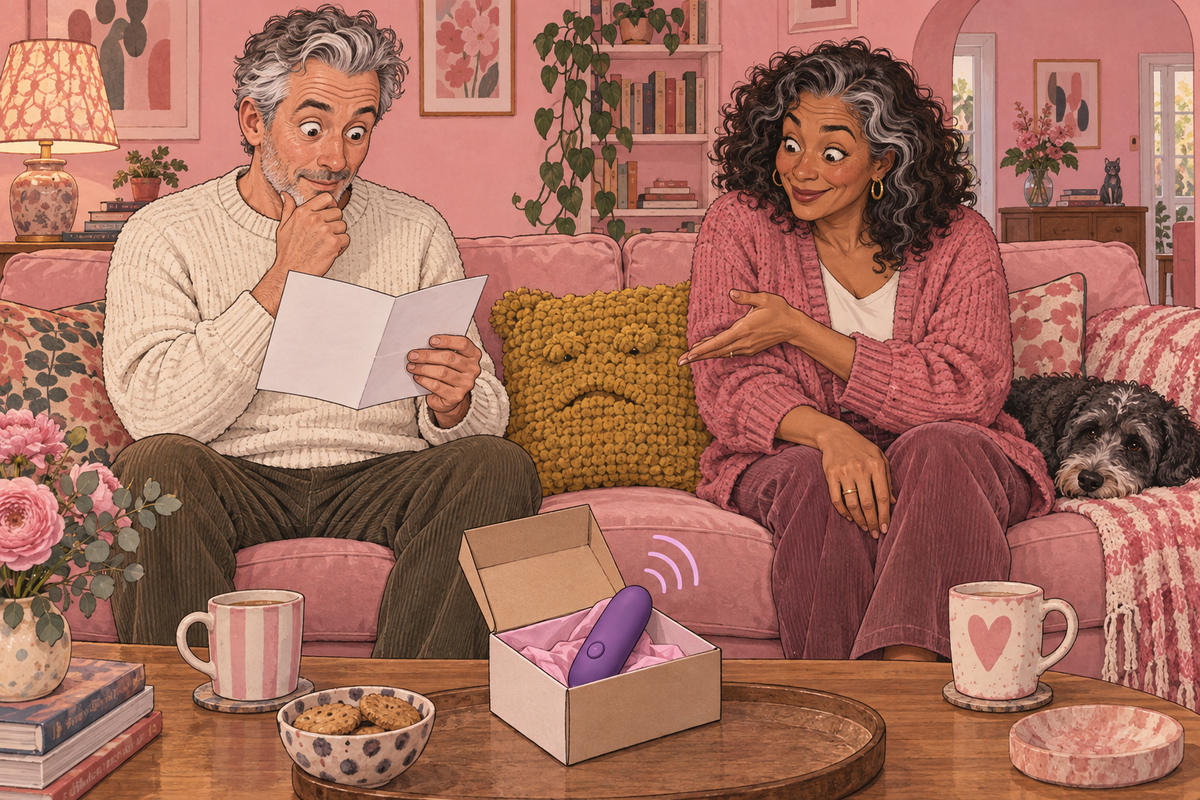 Illustration of a couple sitting on a sofa with a card and an open gift box.
