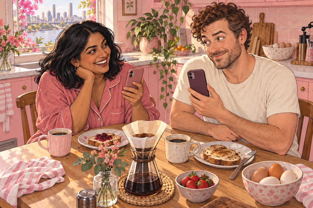 Illustration of a couple sharing a meal while looking at a phone.