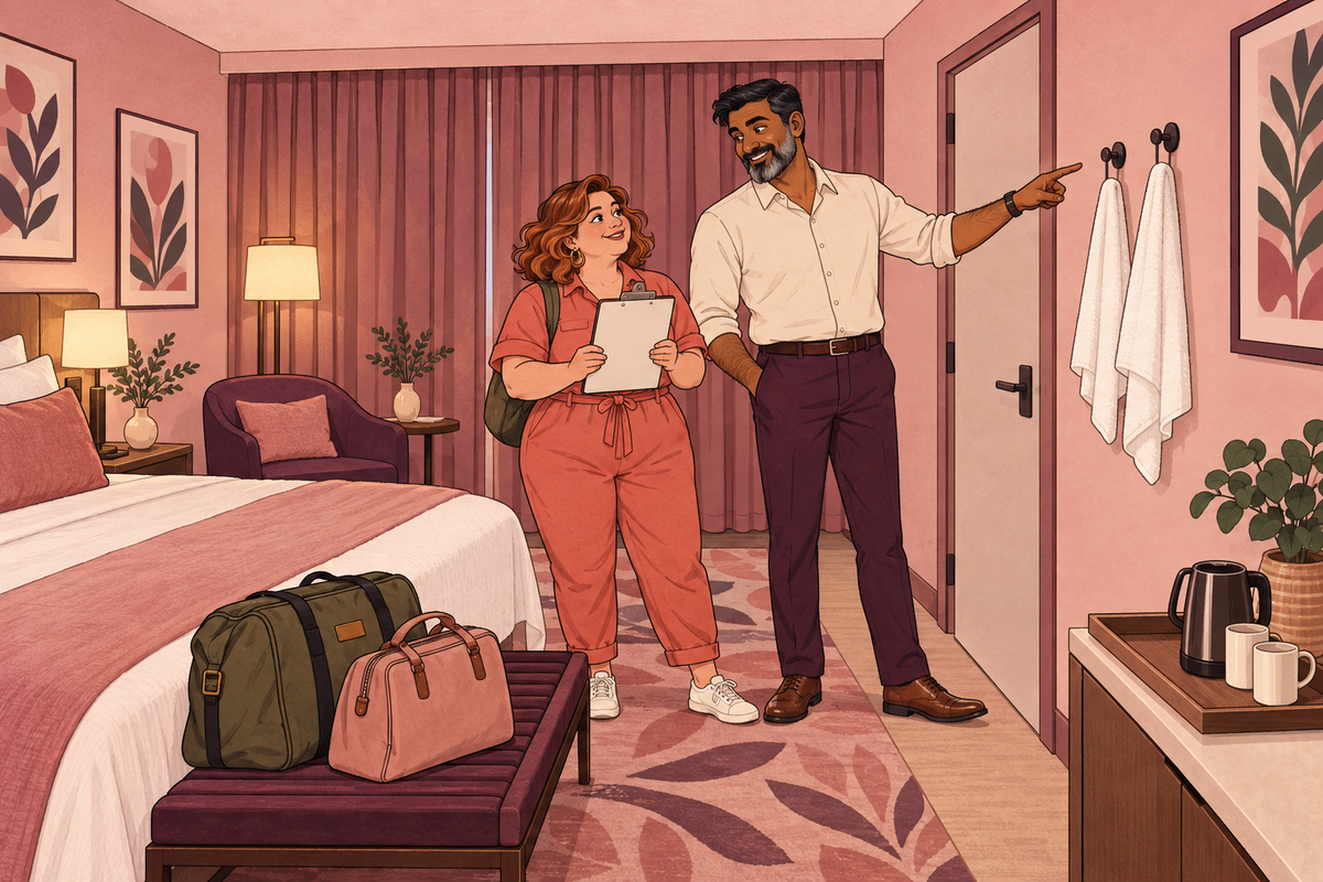 Illustration of a couple talking in a bedroom with overnight bags on the bed.