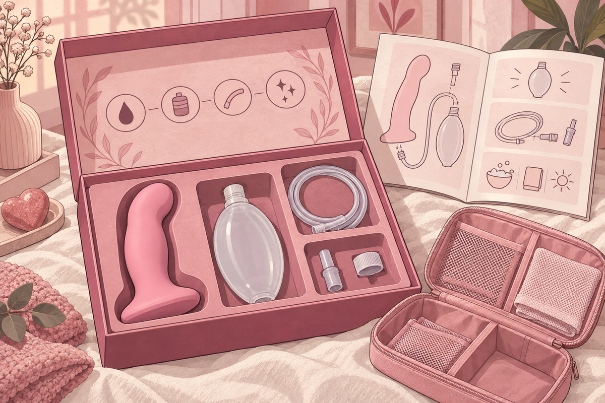 Illustration of a boxed dildo system with reservoir, tubing and cleaning accessories.