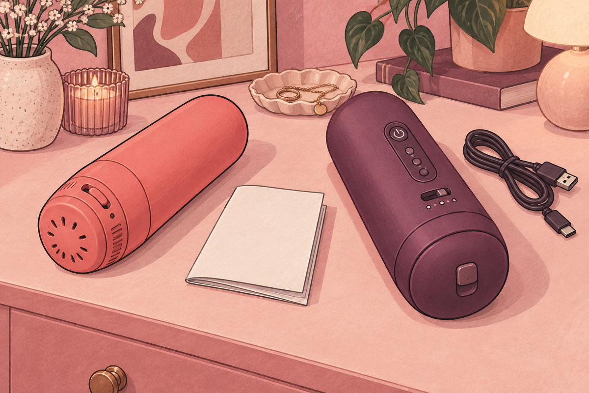 Illustration of two handheld strokers with a charging cable and instructions.