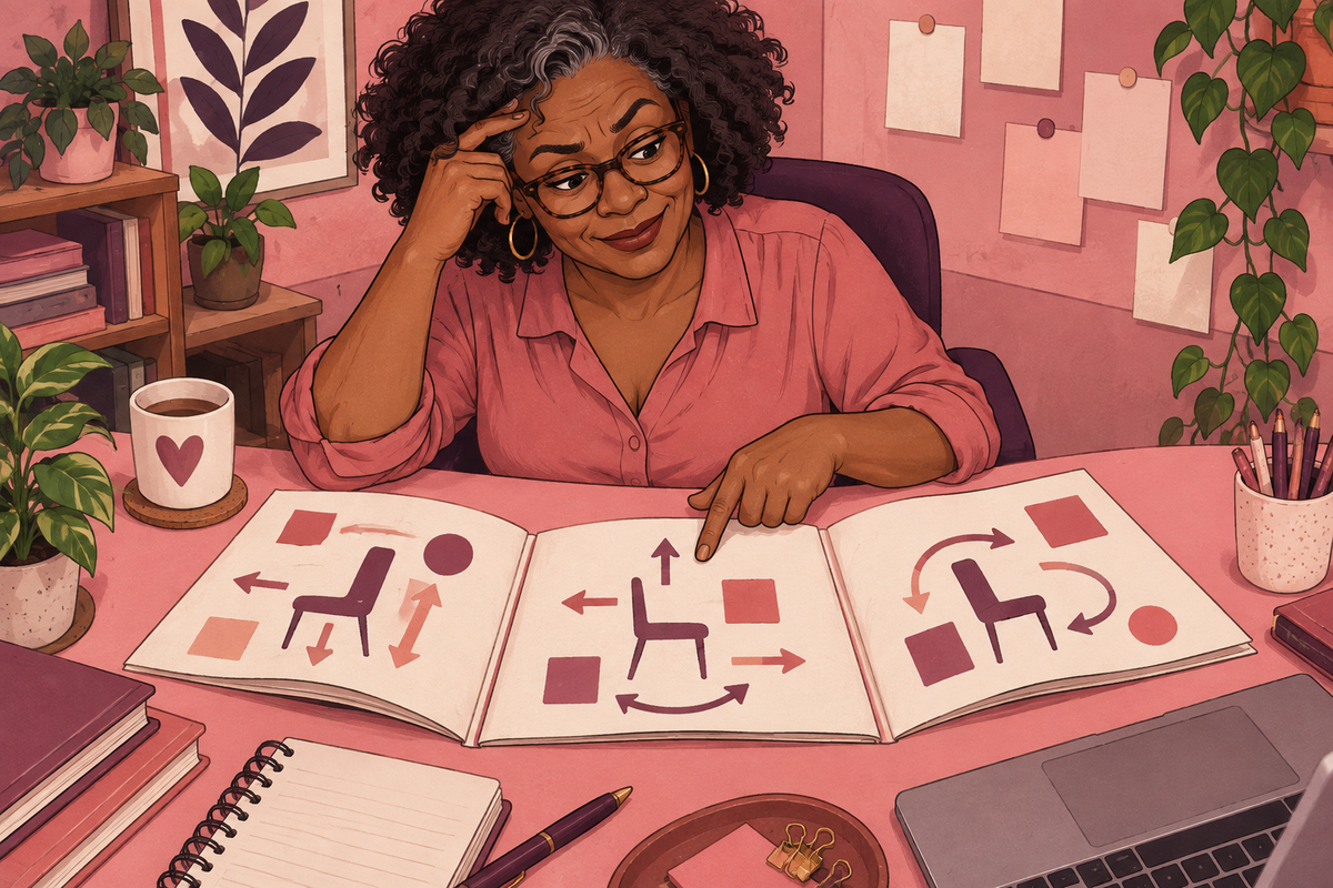 Illustration of a woman reviewing diagrams and notes at her desk.
