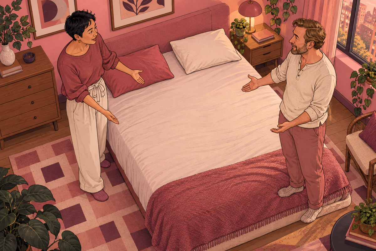 Illustration of a couple arranging a bed together.