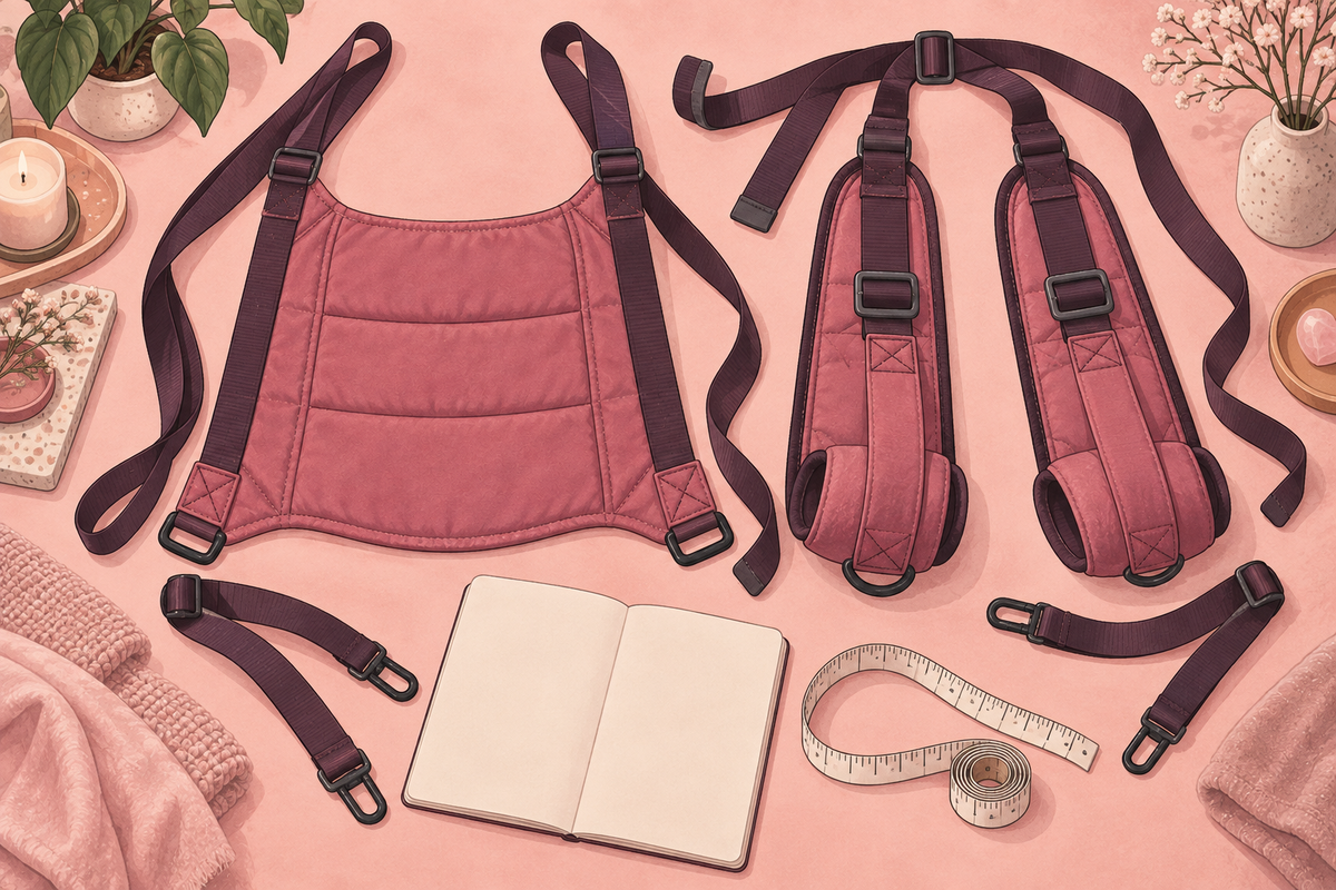 Illustration of a padded support sling, straps, clips and instructions laid out on a table.