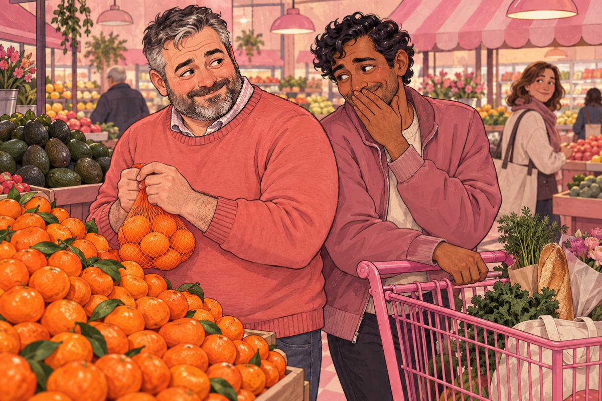 Illustration of a couple smiling together at a fruit stall.