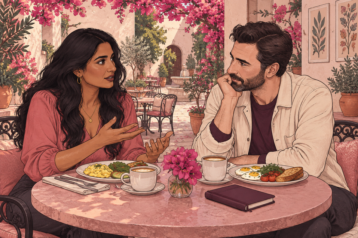 Illustration of a couple talking over a meal at an outdoor cafe.