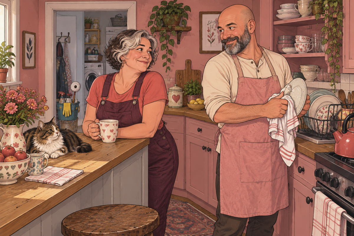 Illustration of a couple chatting in a kitchen with a cat nearby.