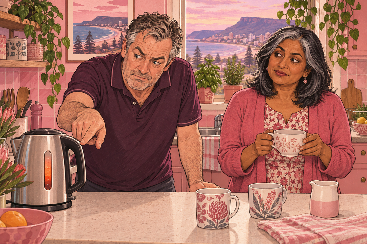 Illustration of a couple making tea together in a kitchen.