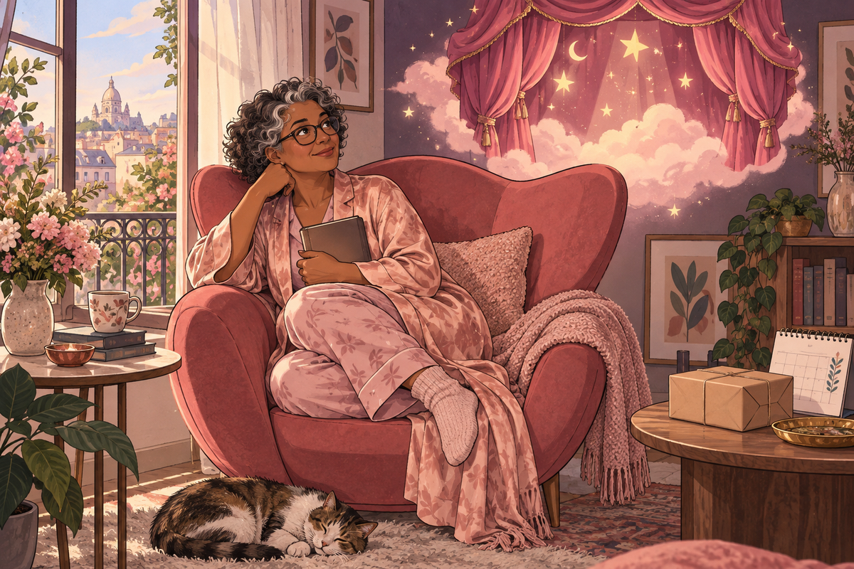 Illustration of a woman relaxing in an armchair with a mug and a sleeping cat.