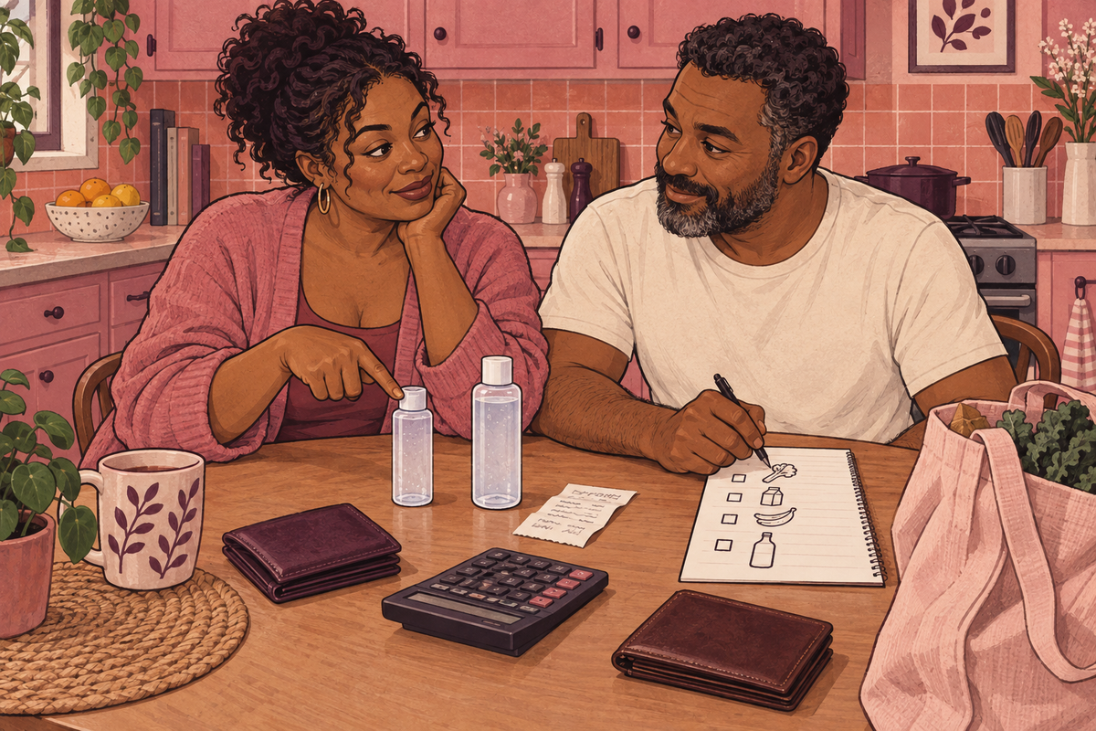 Illustration of a couple reviewing a list and budget beside lubricant bottles.