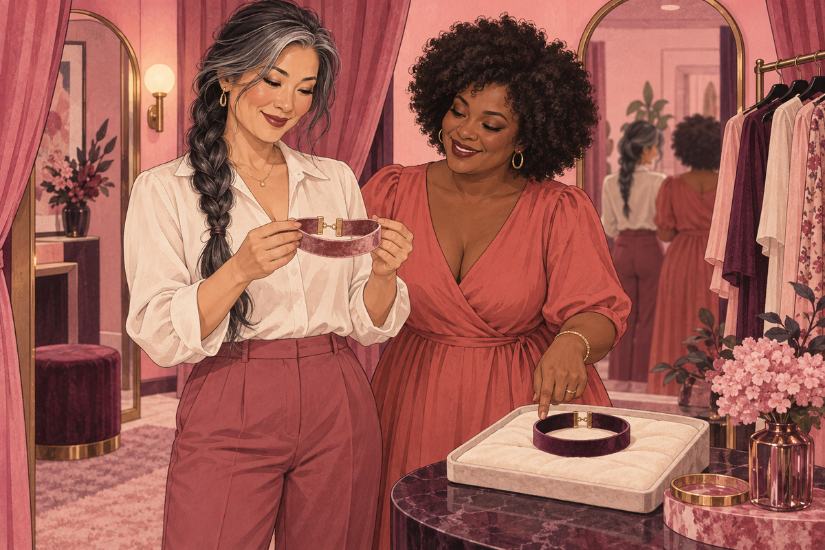 Illustration of two people examining a collar in a clothing shop.