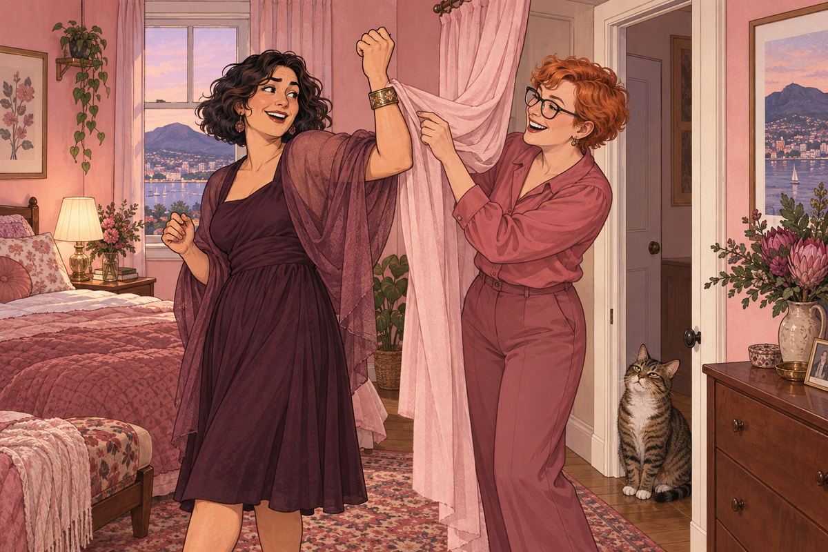 Illustration of two women holding up a dress in a bedroom.