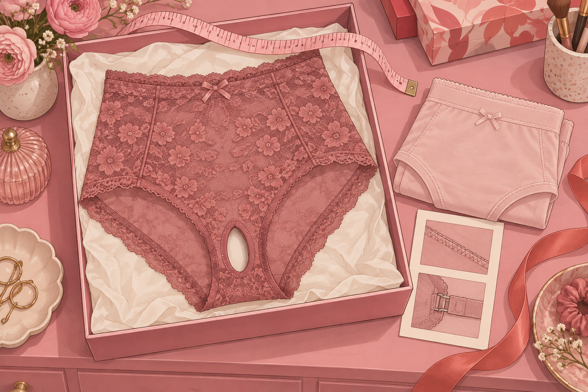 Illustration of lace lingerie with inset details of its cut and edging.
